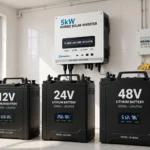 12V, 24V and 48V lithium batteries side by side next to a home solar inverter