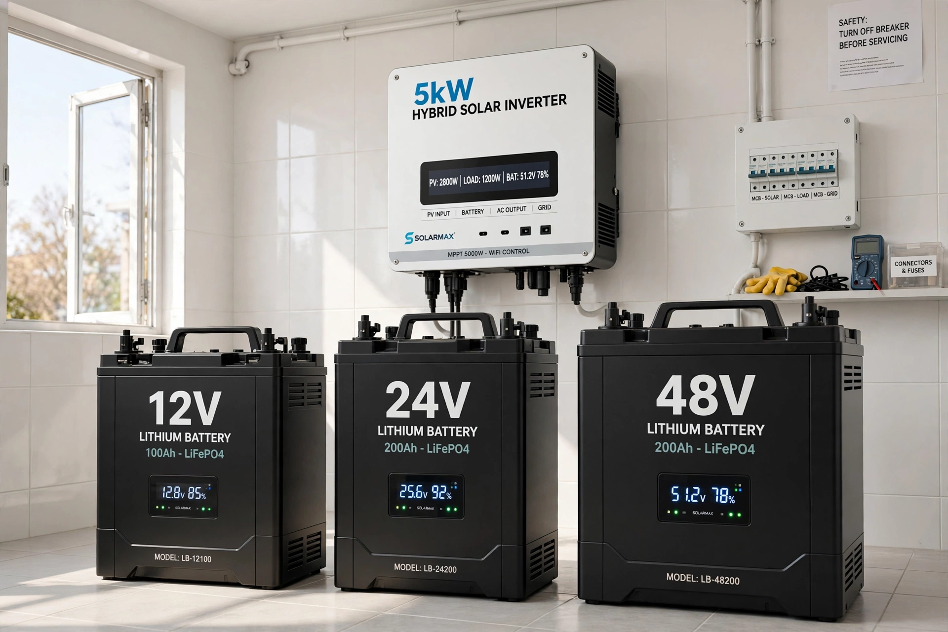 12V, 24V and 48V lithium batteries side by side next to a home solar inverter