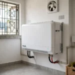 Wall-mounted lithium solar battery installed in a Pakistani home utility room